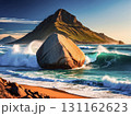 View of sea waves breaking and splashing on a big rock at the beach. 131162623