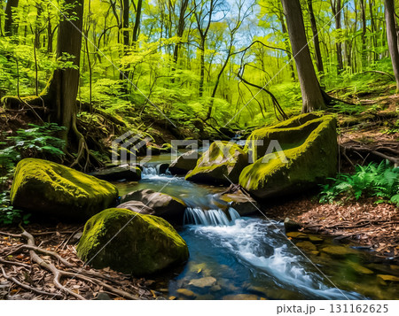 View of stream in spring flowing pass rocks covered with green moss in the forest. 131162625