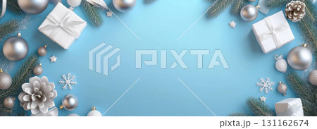 Luxurious Christmas decorations with silver ornaments and gifts Luxurious Christmas decorations with silver ornaments and gifts 131162674