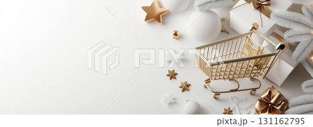 Gold shopping cart with Christmas decorations on white background 131162795