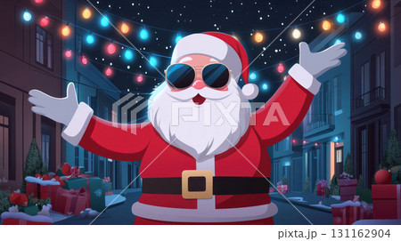 Santa Claus joyfully spreads holiday cheer in festive street 131162904