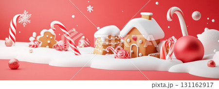 Playful 3D Christmas scene with gingerbread house and candy canes Playful 3D Christmas scene with gingerbread house and candy canes 131162917