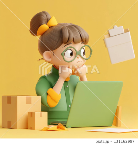 woman manager working on laptop surrounded by boxes 131162987