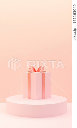 pink gift box with ribbon on round platform, soft gradient 131163049