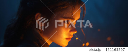 young woman with intense gaze illuminated by warm light young woman with intense gaze illuminated by warm light 131163297