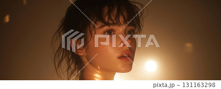 Young woman with freckles gazing in warm glowing light Young woman with freckles gazing in warm glowing light 131163298