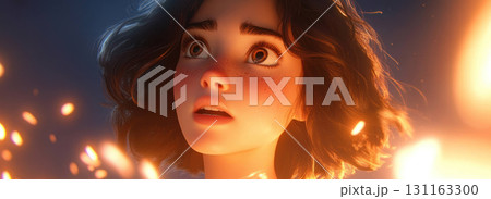 young woman with short dark hair looks up awe amidst glowing 131163300