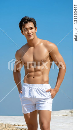 Fit Asian man in swim shorts standing on a tropical beach with a clear blue sky 131163447