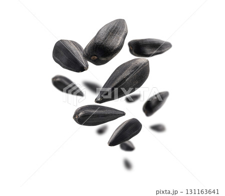 Sunflower seeds levitate on a white background 131163641