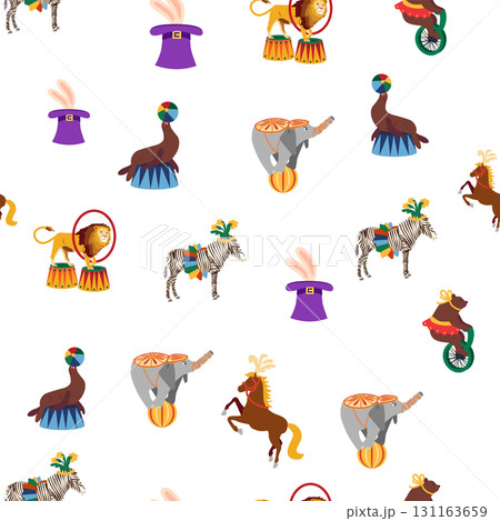 Seamless pattern with CIRCUS theme. Clowns, strongmen, lions, magic hat, hare in hat, holiday balloons tents. Circus characters. Cartoon flat style 131163659