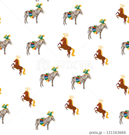 Seamless pattern with CIRCUS theme. Clowns, strongmen, lions, magic hat, hare in hat, holiday balloons tents. Circus characters. Cartoon flat style 131163668