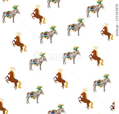 Seamless pattern with CIRCUS theme. Clowns, strongmen, lions, magic hat, hare in hat, holiday balloons tents. Circus characters. Cartoon flat style 131163670