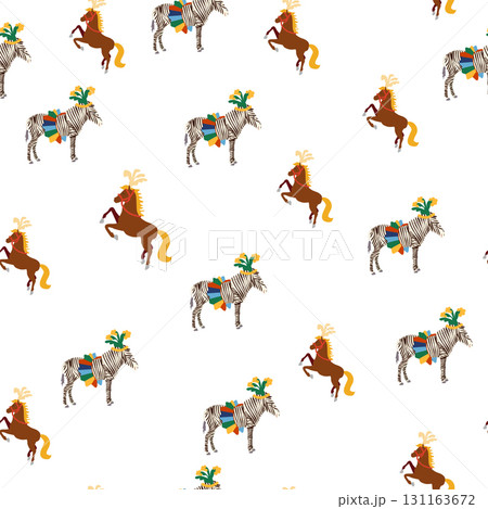 Seamless pattern with CIRCUS theme. Clowns, strongmen, lions, magic hat, hare in hat, holiday balloons tents. Circus characters. Cartoon flat style 131163672