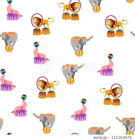 Seamless pattern with CIRCUS theme. Clowns, strongmen, lions, magic hat, hare in hat, holiday balloons tents. Circus characters. Cartoon flat style Seamless pattern with CIRCUS theme. Clowns, strongmen, lions, magic hat, hare in hat, holiday balloons tents. Circus characters. Cartoon flat style 131163678