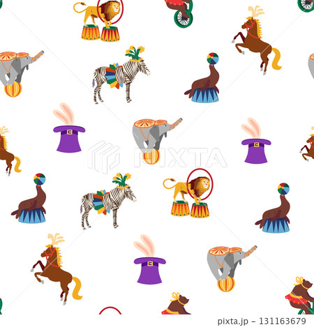 Seamless pattern with CIRCUS theme. Clowns, strongmen, lions, magic hat, hare in hat, holiday balloons tents. Circus characters. Cartoon flat style Seamless pattern with CIRCUS theme. Clowns, strongmen, lions, magic hat, hare in hat, holiday balloons tents. Circus characters. Cartoon flat style 131163679