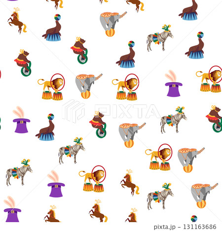Seamless pattern with CIRCUS theme. Clowns, strongmen, lions, magic hat, hare in hat, holiday balloons tents. Circus characters. Cartoon flat style 131163686