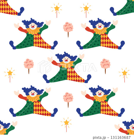 Seamless pattern with a CIRCUS theme. Circus clown character. Flat cartoon style. 131163687