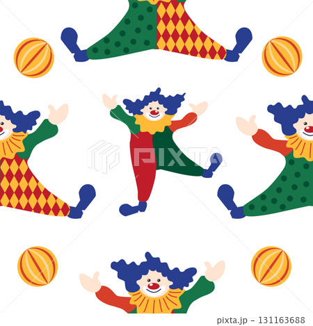 Seamless pattern with a CIRCUS theme. Circus clown character. Flat cartoon style. 131163688