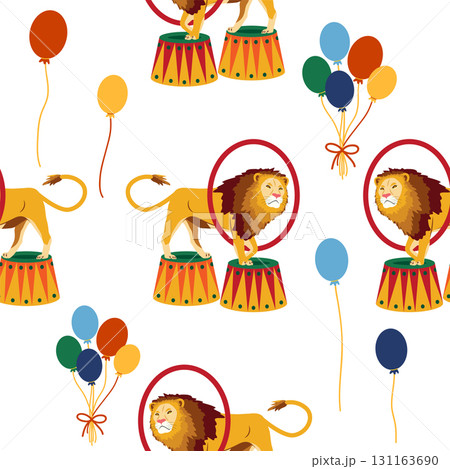 Seamless pattern with a CIRCUS theme. Circus lion character. Flat cartoon style. 131163690