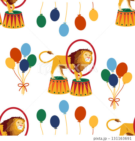 Seamless pattern with a CIRCUS theme. Circus lion character. Flat cartoon style. 131163691