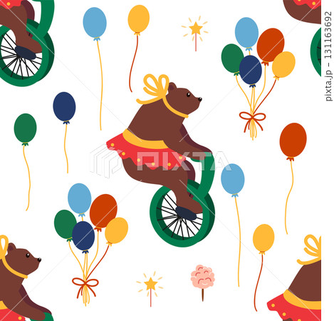 A seamless pattern with a CIRCUS theme. A circus bear character on a bicycle. Flat cartoon style. 131163692