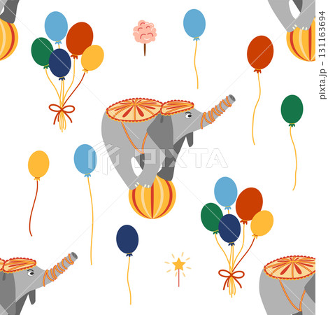 Seamless pattern with a CIRCUS theme. Circus characters, including an elephant. Flat cartoon style. 131163694