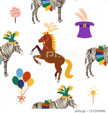 Seamless pattern with a CIRCUS theme. Circus zebra characters. Flat cartoon style 131163696
