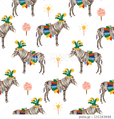 Seamless pattern with a CIRCUS theme. Circus zebra characters. Flat cartoon style 131163698