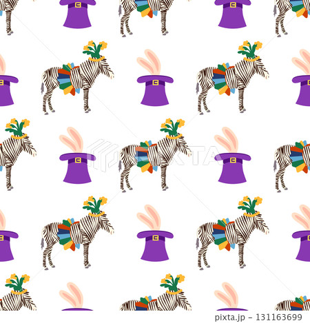Seamless pattern with a CIRCUS theme. Circus zebra characters. Flat cartoon style 131163699