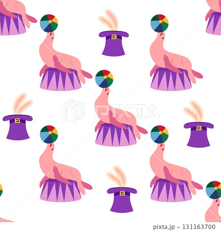 Seamless pattern with a CIRCUS theme. Circus characters, including a seal. Flat cartoon style. 131163700
