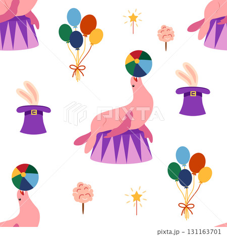 Seamless pattern with a CIRCUS theme. Circus characters, including a seal. Flat cartoon style. 131163701