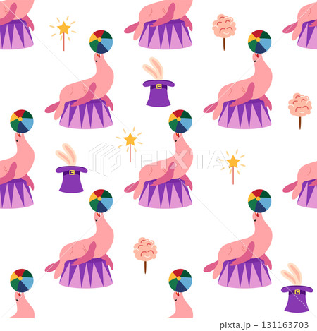 Seamless pattern with a CIRCUS theme. Circus characters, including a seal. Flat cartoon style. 131163703
