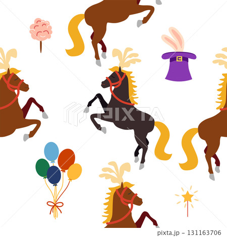 Seamless pattern with CIRCUS theme. Circus characters horse. Cartoon flat style 131163706