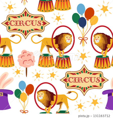 Seamless pattern with CIRCUS theme. Clowns, strongmen, lions, magic hat, hare in hat, holiday balloons tents. Circus characters. Cartoon flat style Seamless pattern with CIRCUS theme. Clowns, strongmen, lions, magic hat, hare in hat, holiday balloons tents. Circus characters. Cartoon flat style 131163712