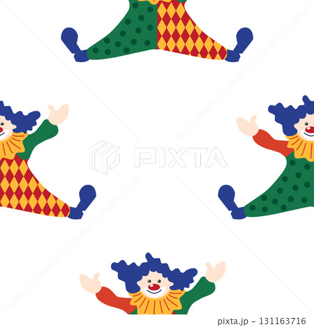 Seamless pattern with a CIRCUS theme. Circus clown character. Flat cartoon style. 131163716