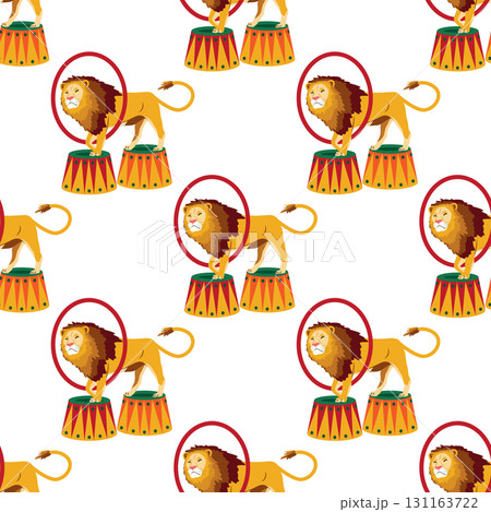 Seamless pattern with a CIRCUS theme. Circus lion character. Flat cartoon style. Seamless pattern with a CIRCUS theme. Circus lion character. Flat cartoon style. 131163722