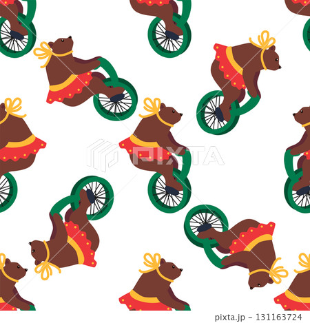 A seamless pattern with a CIRCUS theme. A circus bear character on a bicycle. Flat cartoon style. A seamless pattern with a CIRCUS theme. A circus bear character on a bicycle. Flat cartoon style. 131163724