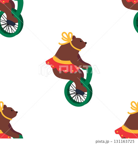 A seamless pattern with a CIRCUS theme. A circus bear character on a bicycle. Flat cartoon style. 131163725