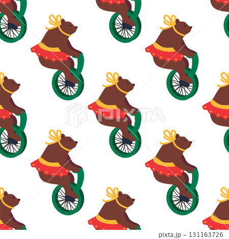 A seamless pattern with a CIRCUS theme. A circus bear character on a bicycle. Flat cartoon style. 131163726
