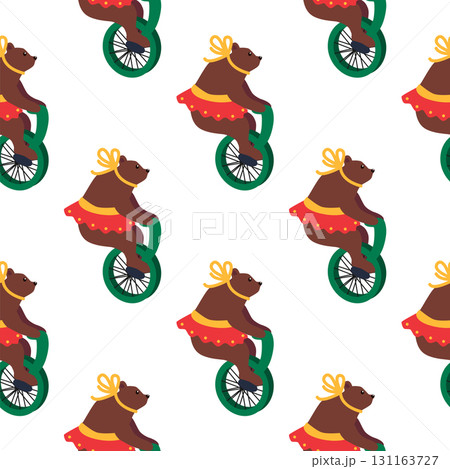 A seamless pattern with a CIRCUS theme. A circus bear character on a bicycle. Flat cartoon style. 131163727