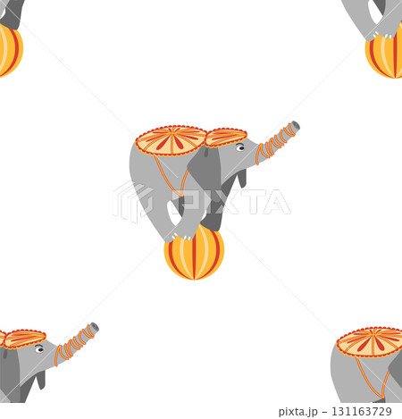 Seamless pattern with a CIRCUS theme. Circus characters, including an elephant. Flat cartoon style. 131163729