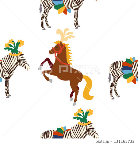 Seamless pattern with a CIRCUS theme. Circus zebra characters. Flat cartoon style. 131163732