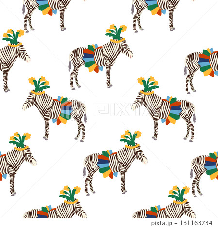 Seamless pattern with a CIRCUS theme. Circus zebra characters. Flat cartoon style. 131163734