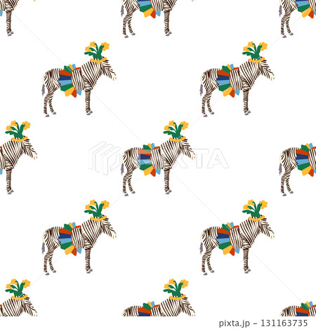 Seamless pattern with a CIRCUS theme. Circus zebra characters. Flat cartoon style. 131163735