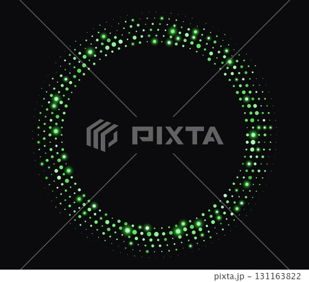 Green halftone frame, glowing circle borders, round pattern with dots, radial disco luxury design element. Green halftone frame, glowing circle borders, round pattern with dots, radial disco luxury design element. 131163822