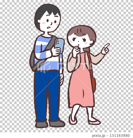 Illustration of a man and woman moving while checking their smartphone Illustration of a man and woman moving while checking their smartphone 131163980