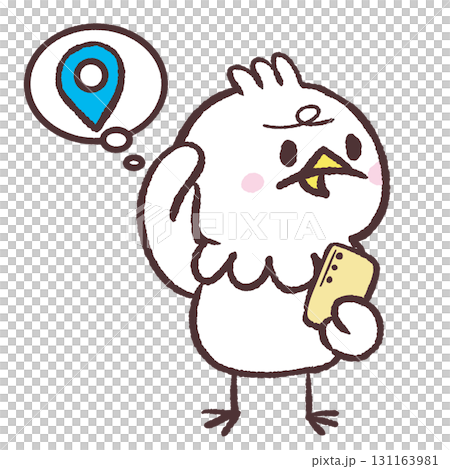 Illustration of a lost white bird holding a smartphone Illustration of a lost white bird holding a smartphone 131163981