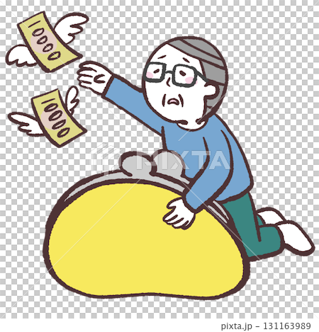 Illustration of a senior man being chased by money 131163989