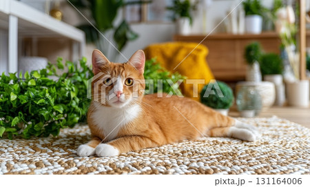 Adorable orange cat with green eyes relaxing in a bright, plant-filled home 131164006