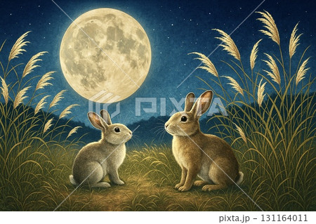 お月見イメージ　ススキ　満月　ウサギ　フォトリアル 131164011
